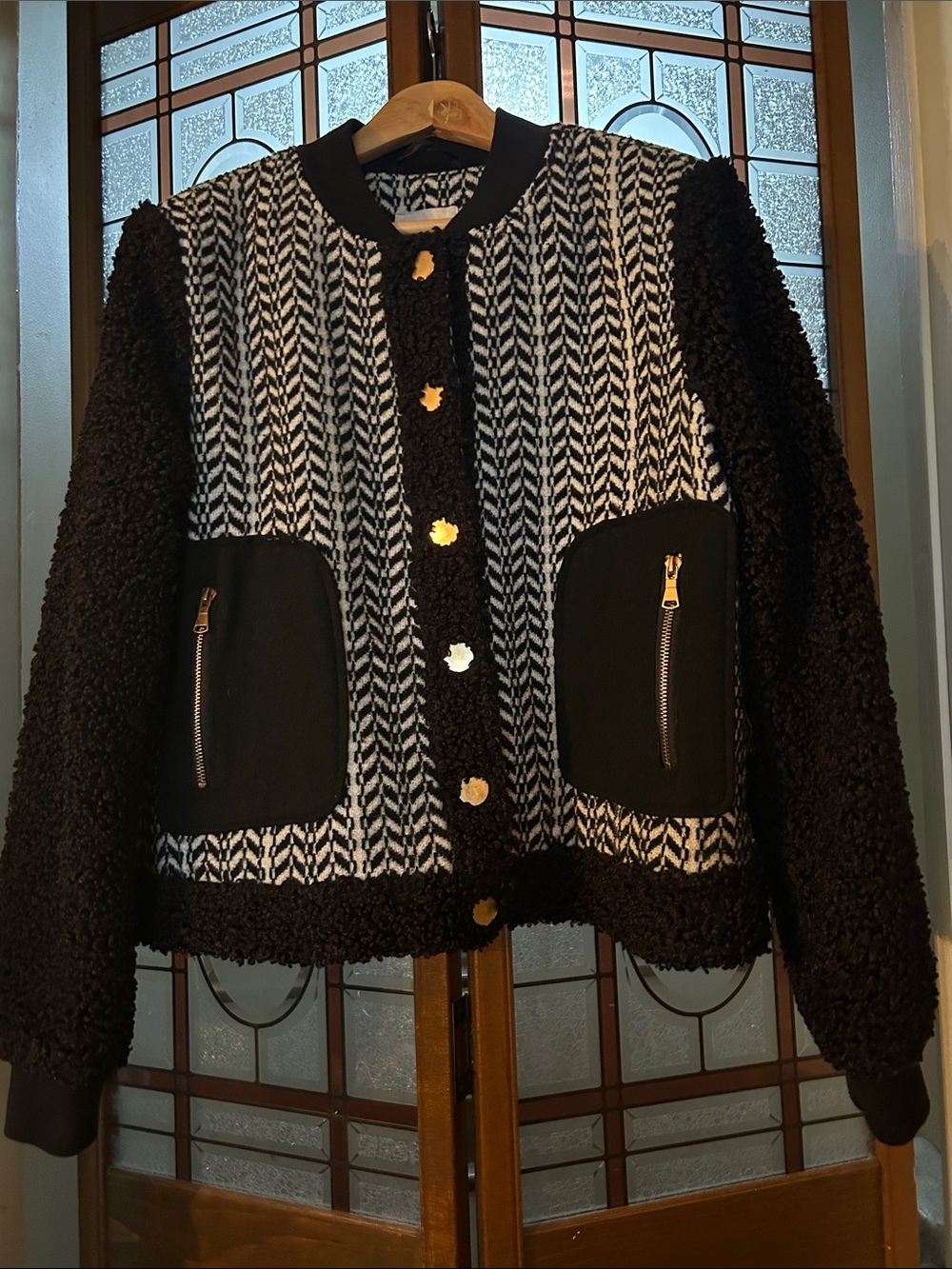 Avec Les Filles Black and White Sherpa Bomber Jacket